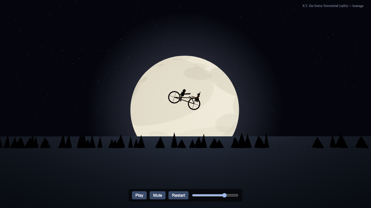 E.T. (1982) moon shot homage: bicycle silhouette crossing the full moon in Three.js